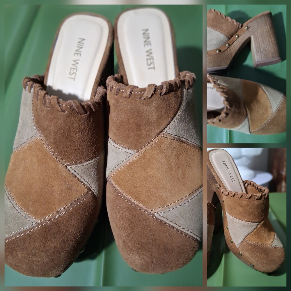 🔥Y2K Nine West Patchwork Suede Clogs - Brown Tan Size 6 & FREE GIFT